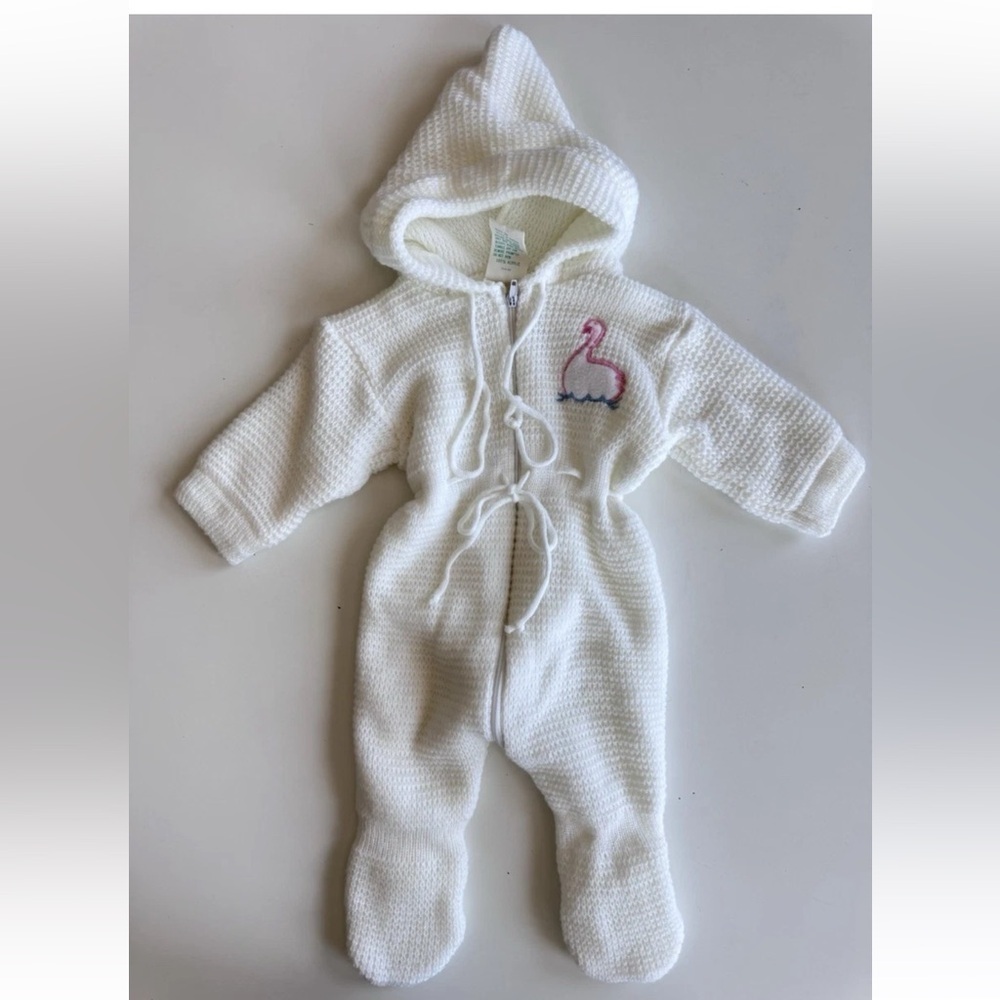 Vintage 80s Sears Knit Baby Outfit Newborn Hood One Piece